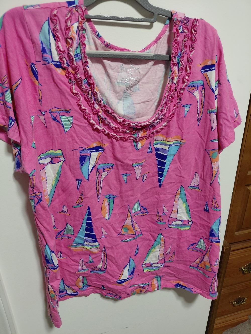 Women’s Pink Sailboat Ruffle Scoop Neck Tee